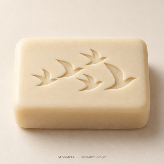 AI SAMPLE: Original illustrative concept for Sky Flock 01 Soap Stamp. Not an actual product photograph. Design, proportions and colors require merchant approval. Shown surface demonstrates the imprint and is not included.