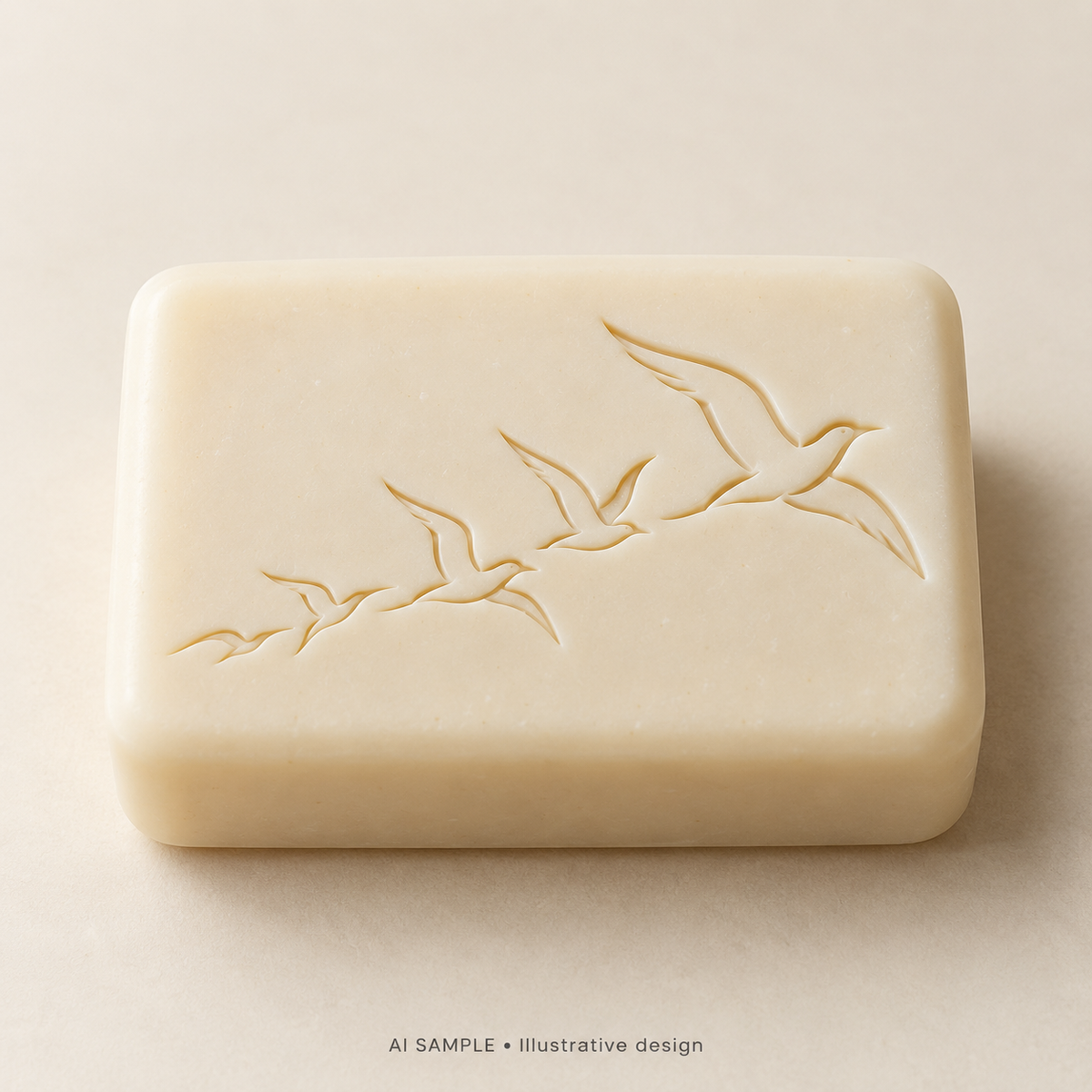 AI SAMPLE: Original illustrative concept for Sky Flock 02 Soap Stamp. Not an actual product photograph. Design, proportions and colors require merchant approval. Shown surface demonstrates the imprint and is not included.