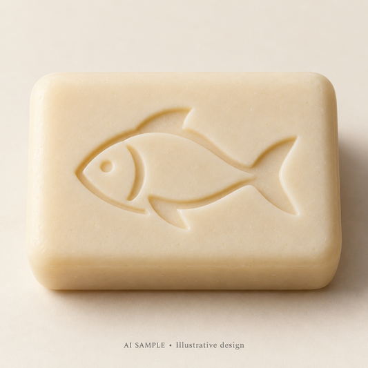 AI SAMPLE: Original illustrative concept for Ocean Fish 03 Soap Stamp. Not an actual product photograph. Design, proportions and colors require merchant approval. Shown surface demonstrates the imprint and is not included.