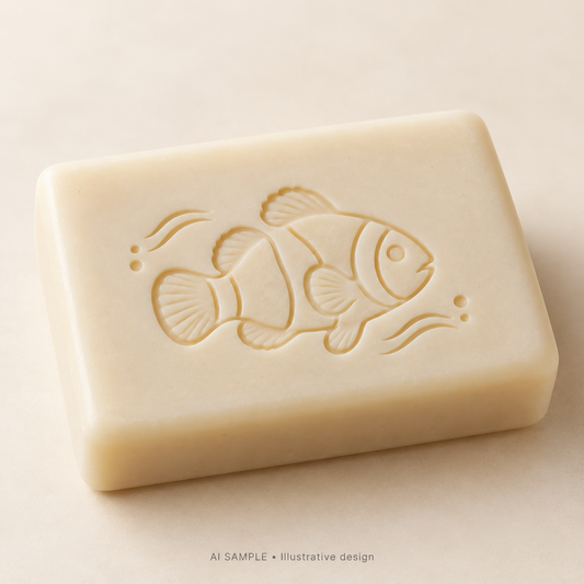 AI SAMPLE: Original illustrative concept for Reef Clownfish Soap Stamp. Not an actual product photograph. Design, proportions and colors require merchant approval. Shown surface demonstrates the imprint and is not included.