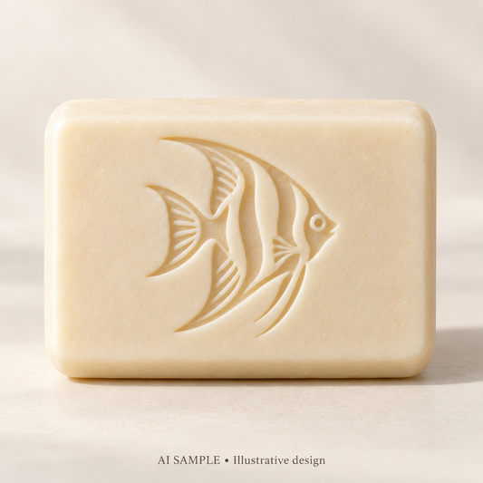 AI SAMPLE: Original illustrative concept for Reef Angelfish Soap Stamp. Not an actual product photograph. Design, proportions and colors require merchant approval. Shown surface demonstrates the imprint and is not included.