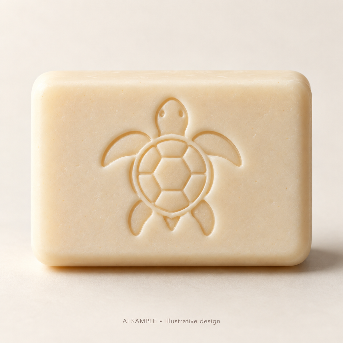 AI SAMPLE: Original illustrative concept for Sea Turtle 01 Soap Stamp. Not an actual product photograph. Design, proportions and colors require merchant approval. Shown surface demonstrates the imprint and is not included.