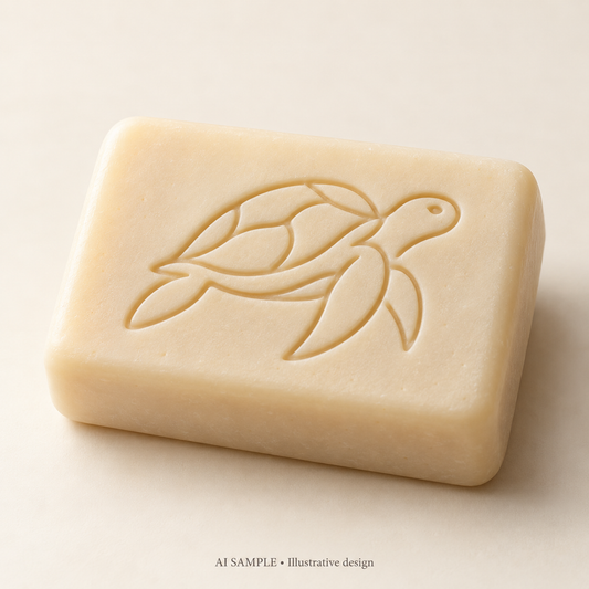 AI SAMPLE: Original illustrative concept for Sea Turtle 02 Soap Stamp. Not an actual product photograph. Design, proportions and colors require merchant approval. Shown surface demonstrates the imprint and is not included.