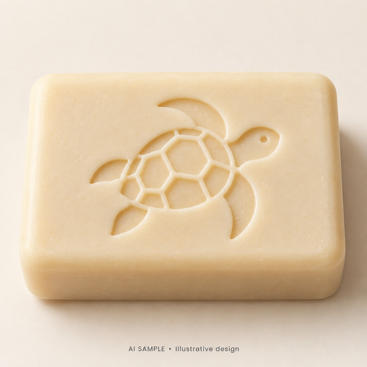 AI SAMPLE: Original illustrative concept for Sea Turtle 03 Soap Stamp. Not an actual product photograph. Design, proportions and colors require merchant approval. Shown surface demonstrates the imprint and is not included.