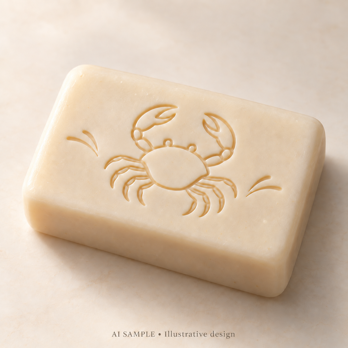 AI SAMPLE: Original illustrative concept for Coastal Crab 01 Soap Stamp. Not an actual product photograph. Design, proportions and colors require merchant approval. Shown surface demonstrates the imprint and is not included.