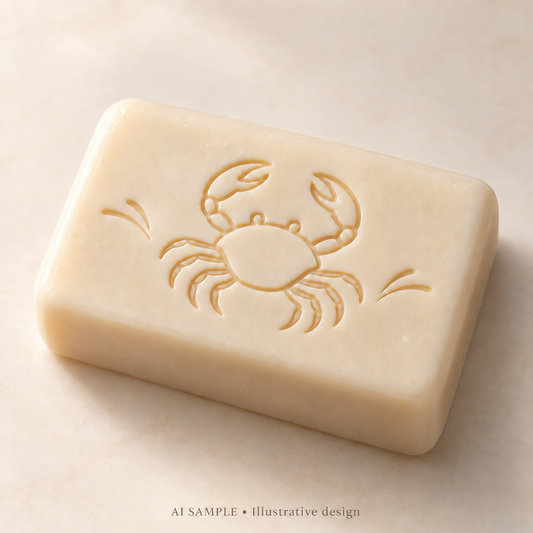 AI SAMPLE: Original illustrative concept for Coastal Crab 01 Soap Stamp. Not an actual product photograph. Design, proportions and colors require merchant approval. Shown surface demonstrates the imprint and is not included.