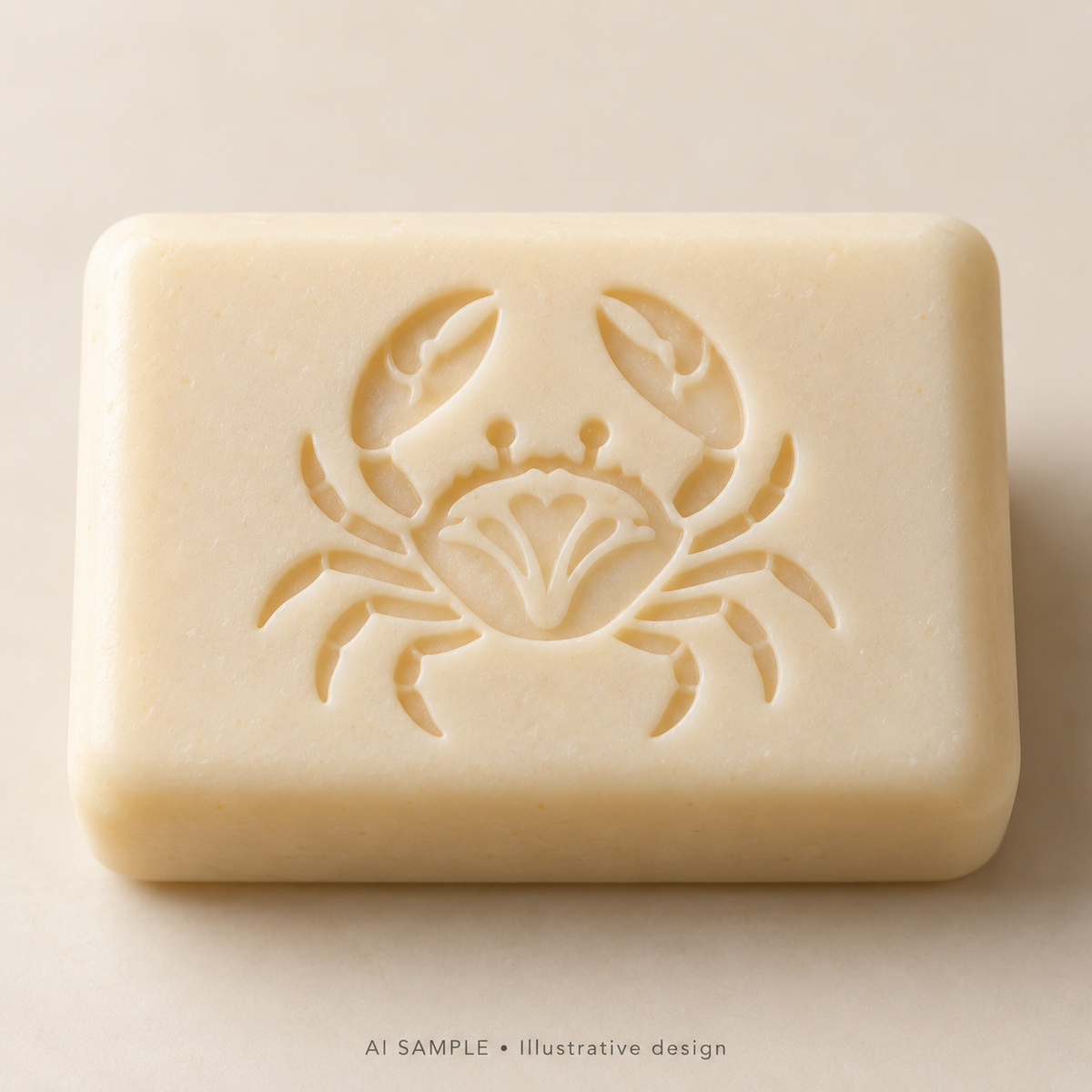 AI SAMPLE: Original illustrative concept for Coastal Crab 02 Soap Stamp. Not an actual product photograph. Design, proportions and colors require merchant approval. Shown surface demonstrates the imprint and is not included.