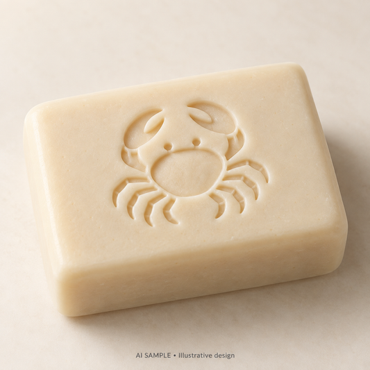 AI SAMPLE: Original illustrative concept for Coastal Crab 03 Soap Stamp. Not an actual product photograph. Design, proportions and colors require merchant approval. Shown surface demonstrates the imprint and is not included.