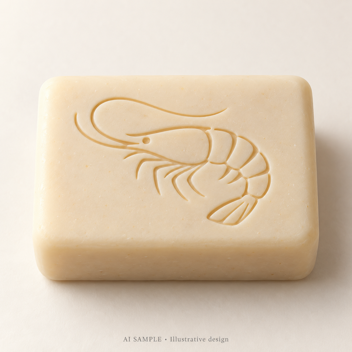 AI SAMPLE: Original illustrative concept for Reef Shrimp Soap Stamp. Not an actual product photograph. Design, proportions and colors require merchant approval. Shown surface demonstrates the imprint and is not included.