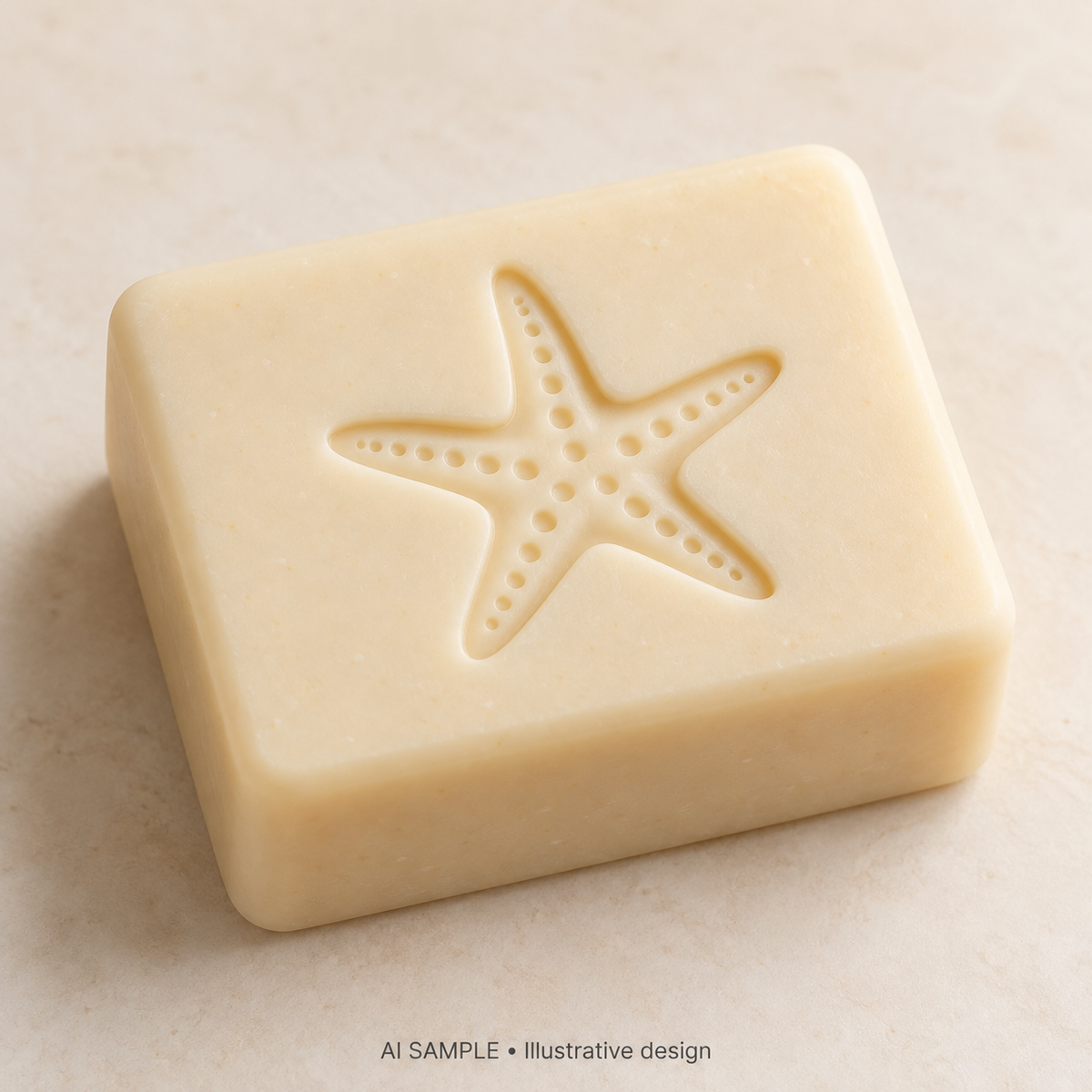 AI SAMPLE: Original illustrative concept for Shore Star Soap Stamp. Not an actual product photograph. Design, proportions and colors require merchant approval. Shown surface demonstrates the imprint and is not included.