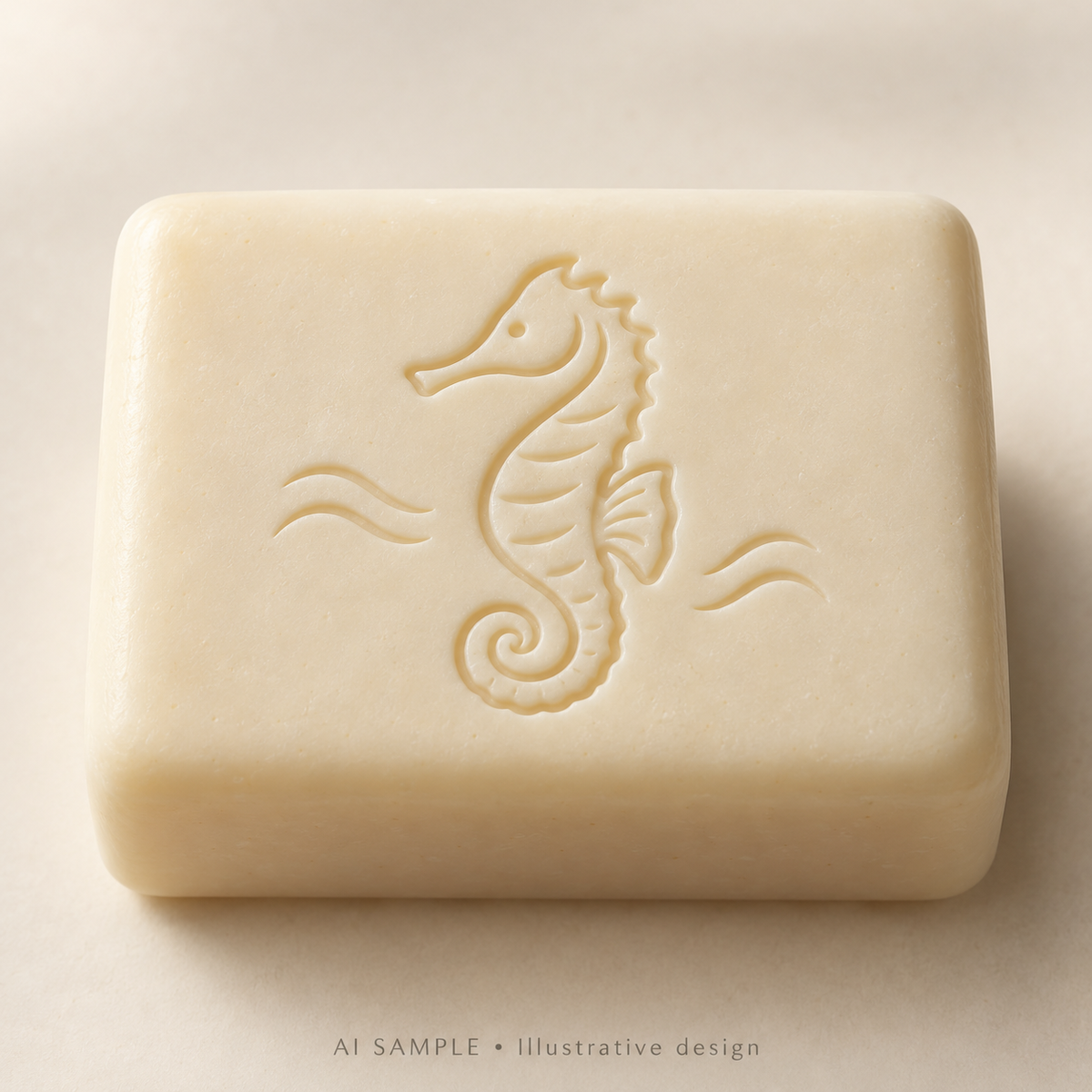 AI SAMPLE: Original illustrative concept for Tidal Seahorse Soap Stamp. Not an actual product photograph. Design, proportions and colors require merchant approval. Shown surface demonstrates the imprint and is not included.