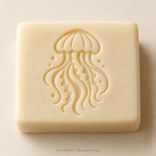 AI SAMPLE: Original illustrative concept for Drifting Jellyfish Soap Stamp. Not an actual product photograph. Design, proportions and colors require merchant approval. Shown surface demonstrates the imprint and is not included.