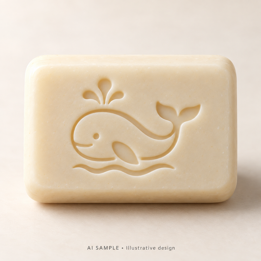 AI SAMPLE: Original illustrative concept for Ocean Whale 02 Soap Stamp. Not an actual product photograph. Design, proportions and colors require merchant approval. Shown surface demonstrates the imprint and is not included.