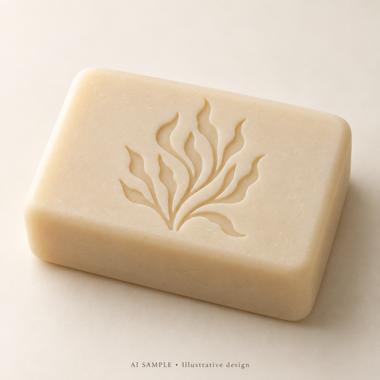 AI SAMPLE: Original illustrative concept for Ocean Fronds Soap Stamp. Not an actual product photograph. Design, proportions and colors require merchant approval. Shown surface demonstrates the imprint and is not included.