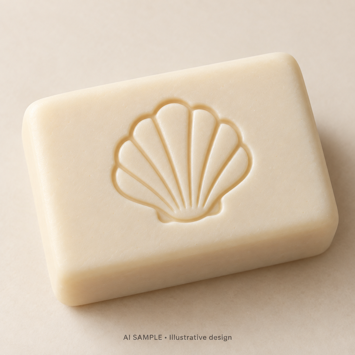 AI SAMPLE: Original illustrative concept for Shoreline Shell 01 Soap Stamp. Not an actual product photograph. Design, proportions and colors require merchant approval. Shown surface demonstrates the imprint and is not included.