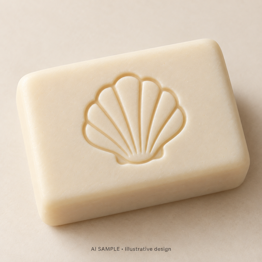 AI SAMPLE: Original illustrative concept for Shoreline Shell 01 Soap Stamp. Not an actual product photograph. Design, proportions and colors require merchant approval. Shown surface demonstrates the imprint and is not included.