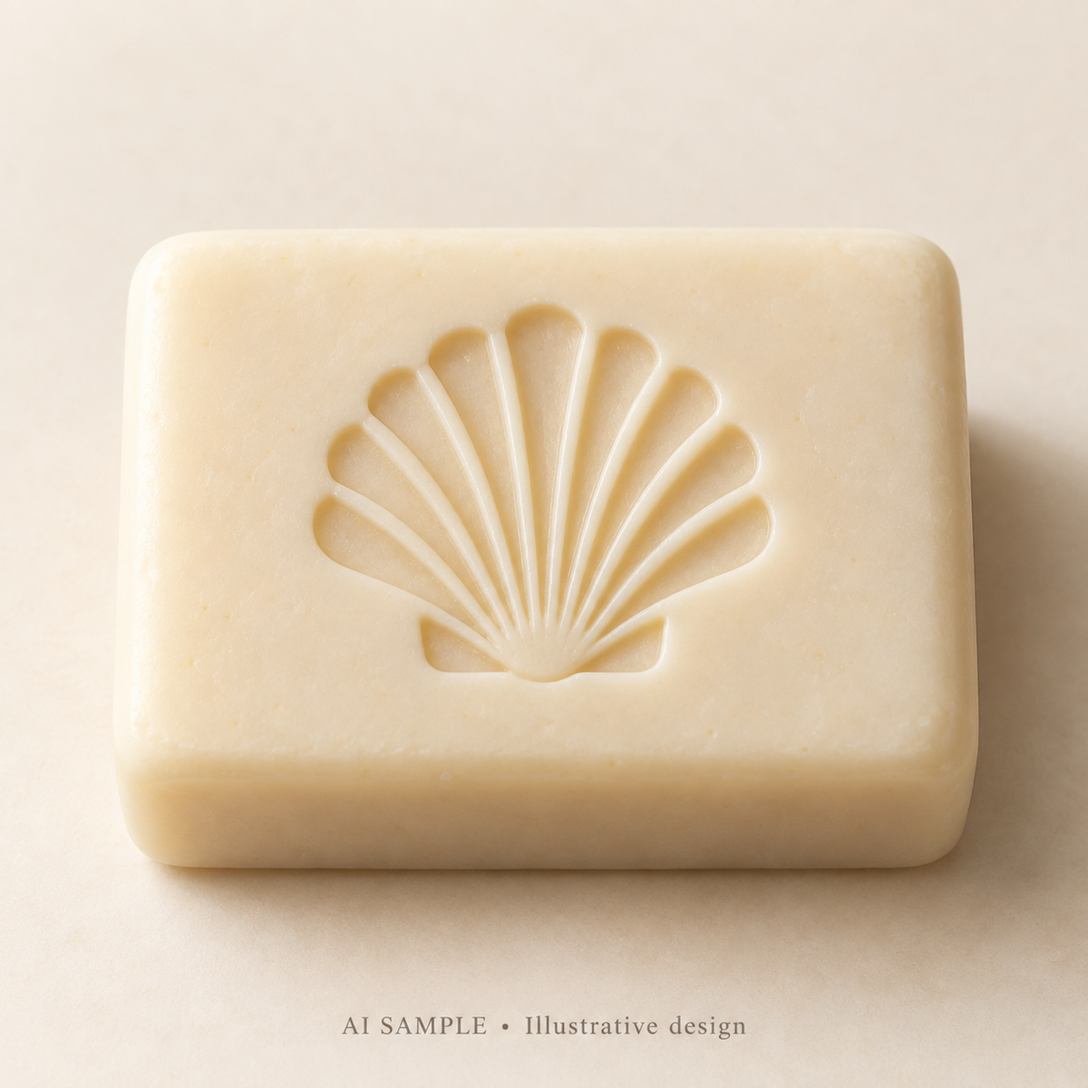 AI SAMPLE: Original illustrative concept for Shoreline Shell 02 Soap Stamp. Not an actual product photograph. Design, proportions and colors require merchant approval. Shown surface demonstrates the imprint and is not included.