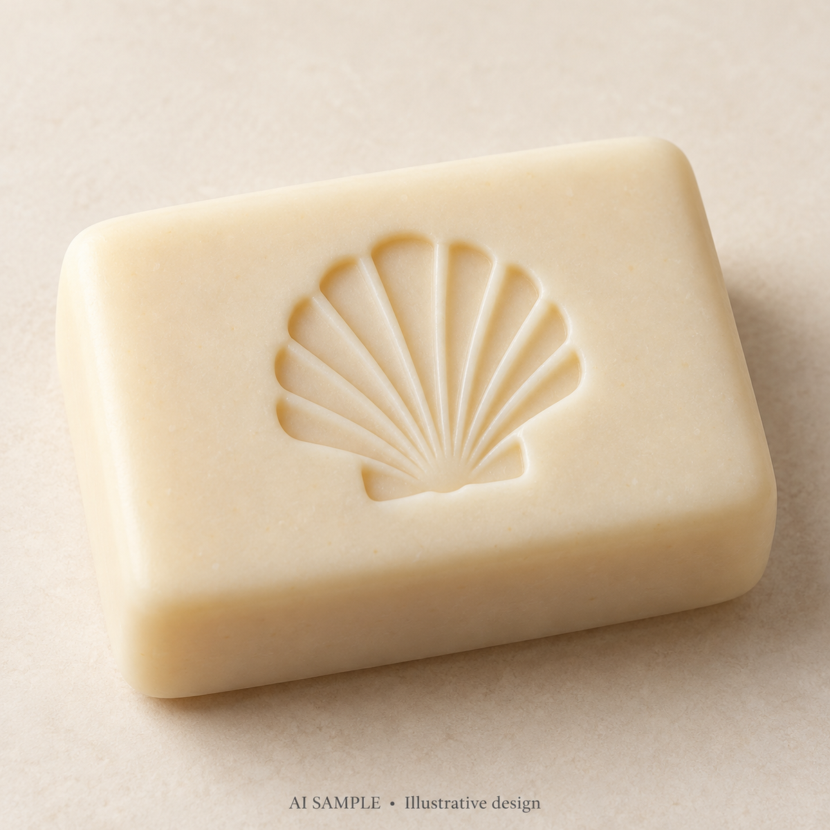 AI SAMPLE: Original illustrative concept for Shoreline Shell 03 Soap Stamp. Not an actual product photograph. Design, proportions and colors require merchant approval. Shown surface demonstrates the imprint and is not included.
