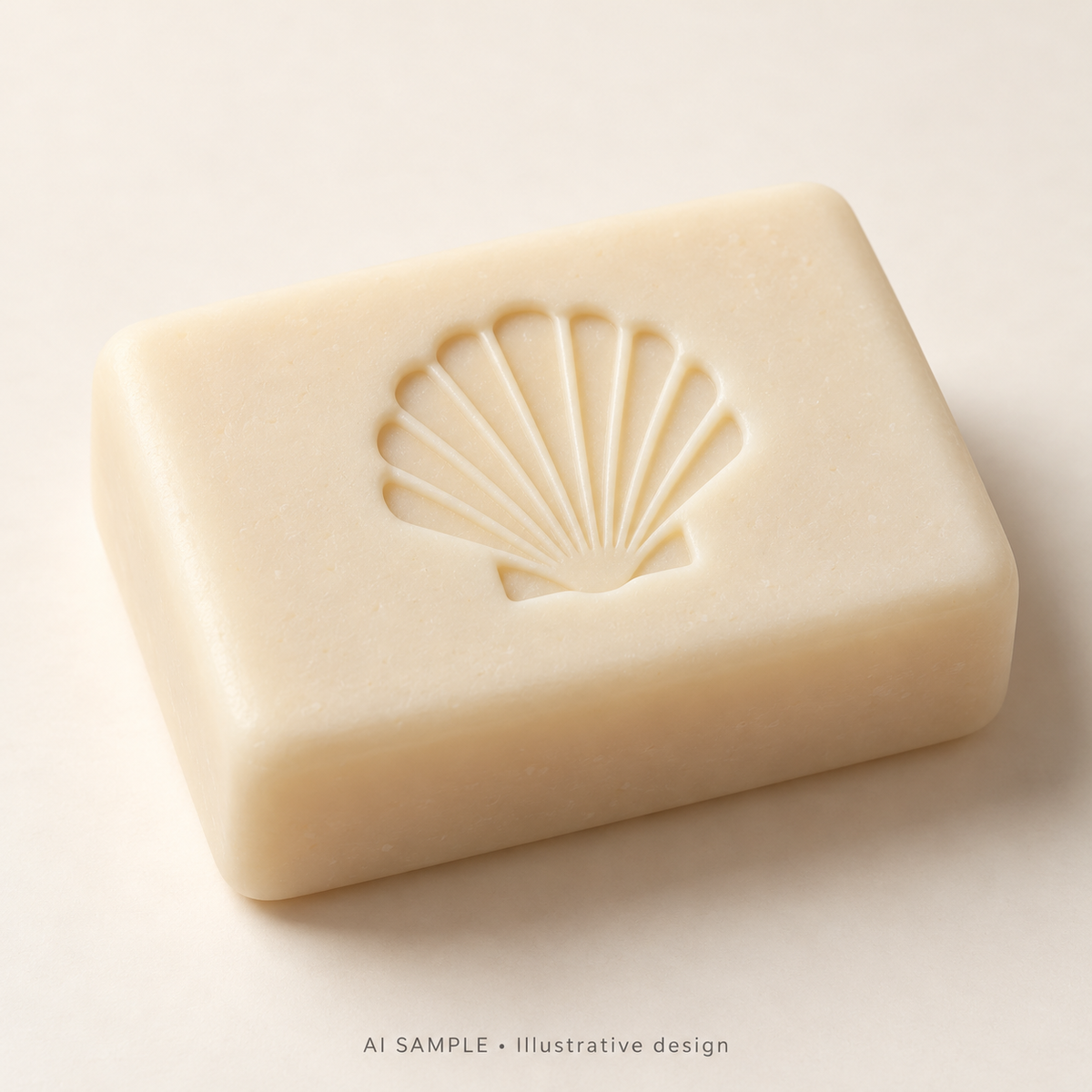 AI SAMPLE: Original illustrative concept for Shoreline Shell 05 Soap Stamp. Not an actual product photograph. Design, proportions and colors require merchant approval. Shown surface demonstrates the imprint and is not included.