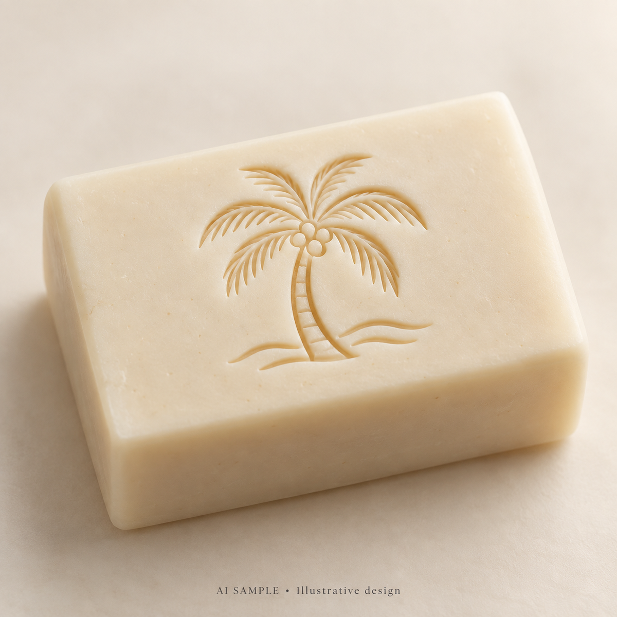 AI SAMPLE: Original illustrative concept for Island Palm 02 Soap Stamp. Not an actual product photograph. Design, proportions and colors require merchant approval. Shown surface demonstrates the imprint and is not included.