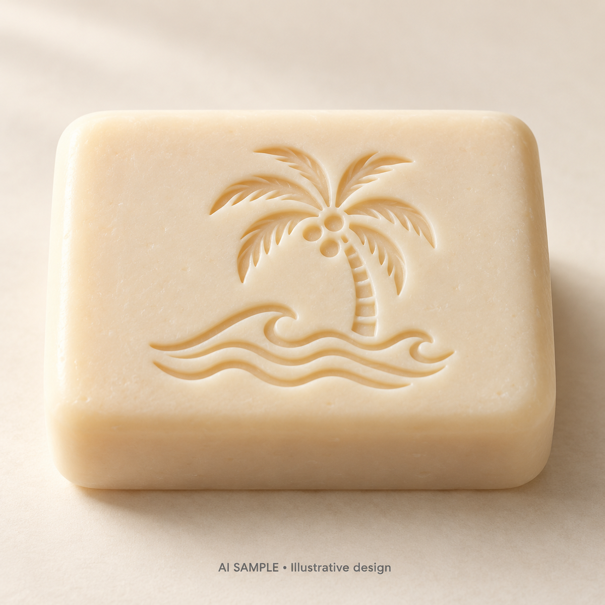 AI SAMPLE: Original illustrative concept for Island Tide Soap Stamp. Not an actual product photograph. Design, proportions and colors require merchant approval. Shown surface demonstrates the imprint and is not included.
