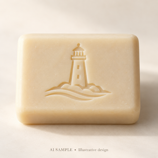 AI SAMPLE: Original illustrative concept for Coastal Beacon 01 Soap Stamp. Not an actual product photograph. Design, proportions and colors require merchant approval. Shown surface demonstrates the imprint and is not included.