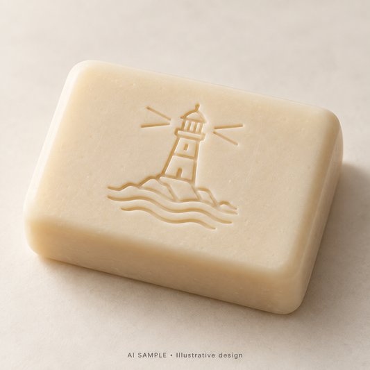 AI SAMPLE: Original illustrative concept for Coastal Beacon 02 Soap Stamp. Not an actual product photograph. Design, proportions and colors require merchant approval. Shown surface demonstrates the imprint and is not included.