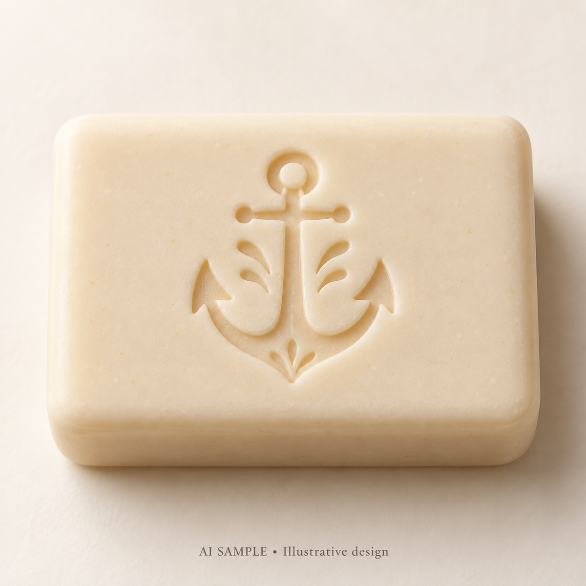 AI SAMPLE: Original illustrative concept for Harbour Anchor Soap Stamp. Not an actual product photograph. Design, proportions and colors require merchant approval. Shown surface demonstrates the imprint and is not included.