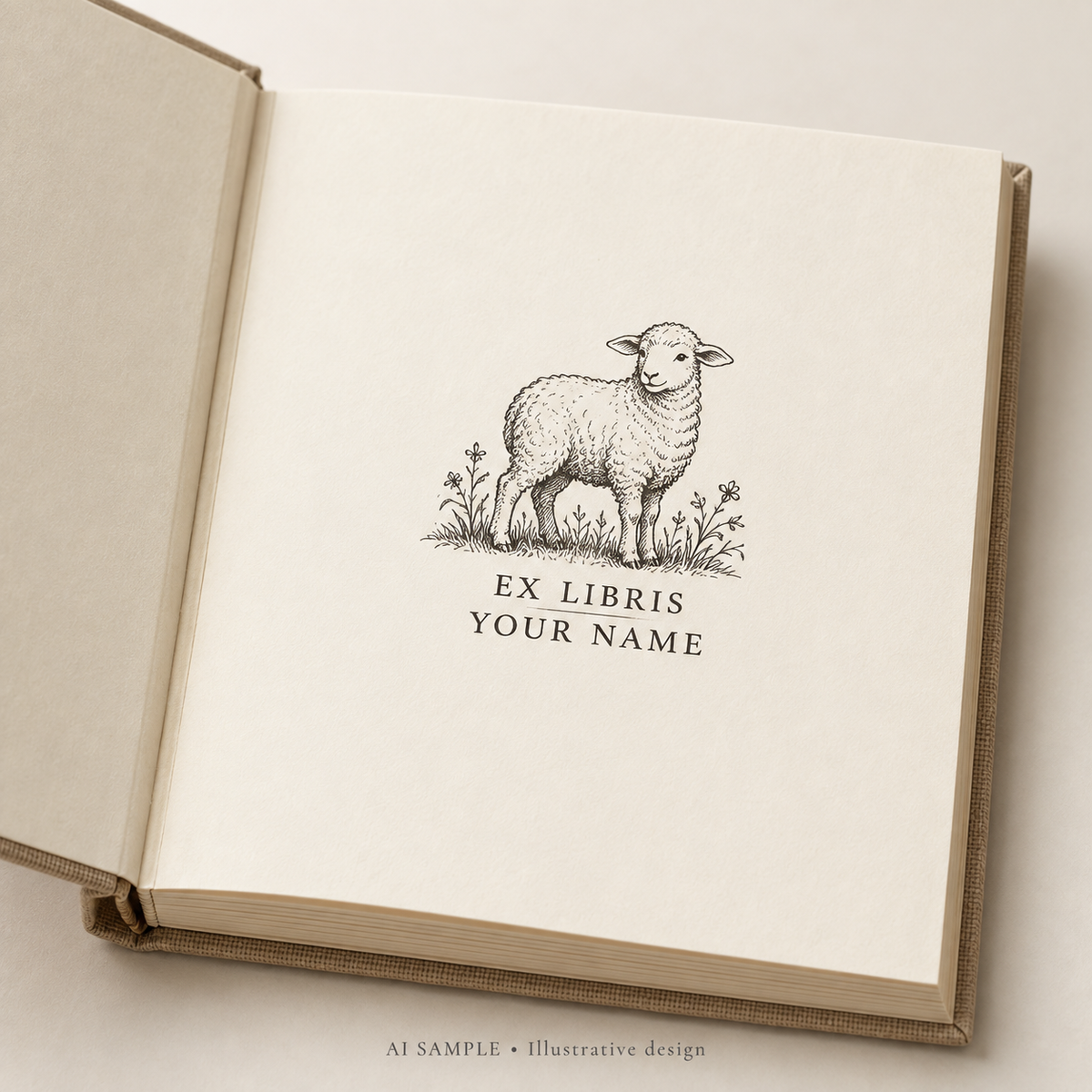 AI SAMPLE: Original illustrative concept for Meadow Sheep Library Book Stamp. Not an actual product photograph. Design, proportions and colors require merchant approval. Shown surface demonstrates the imprint and is not included.