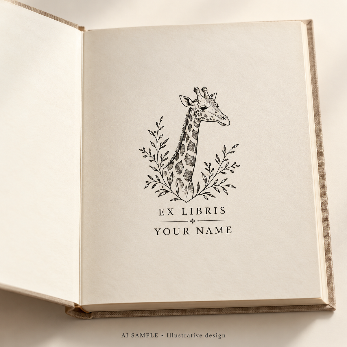 AI SAMPLE: Original illustrative concept for Giraffe Reading Room Book Stamp. Not an actual product photograph. Design, proportions and colors require merchant approval. Shown surface demonstrates the imprint and is not included.