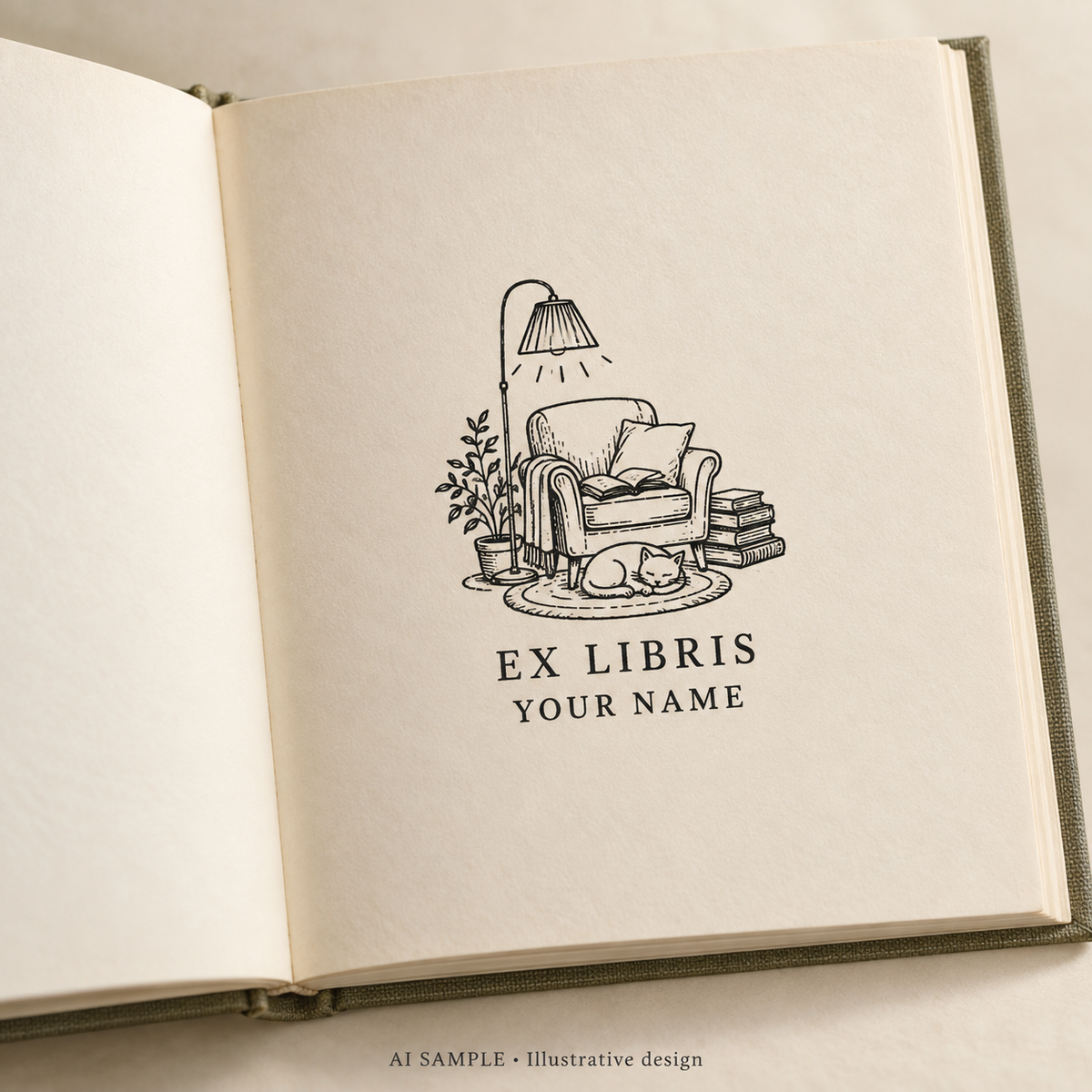 AI SAMPLE: Original illustrative concept for Lamplit Pages Book Stamp. Not an actual product photograph. Design, proportions and colors require merchant approval. Shown surface demonstrates the imprint and is not included.