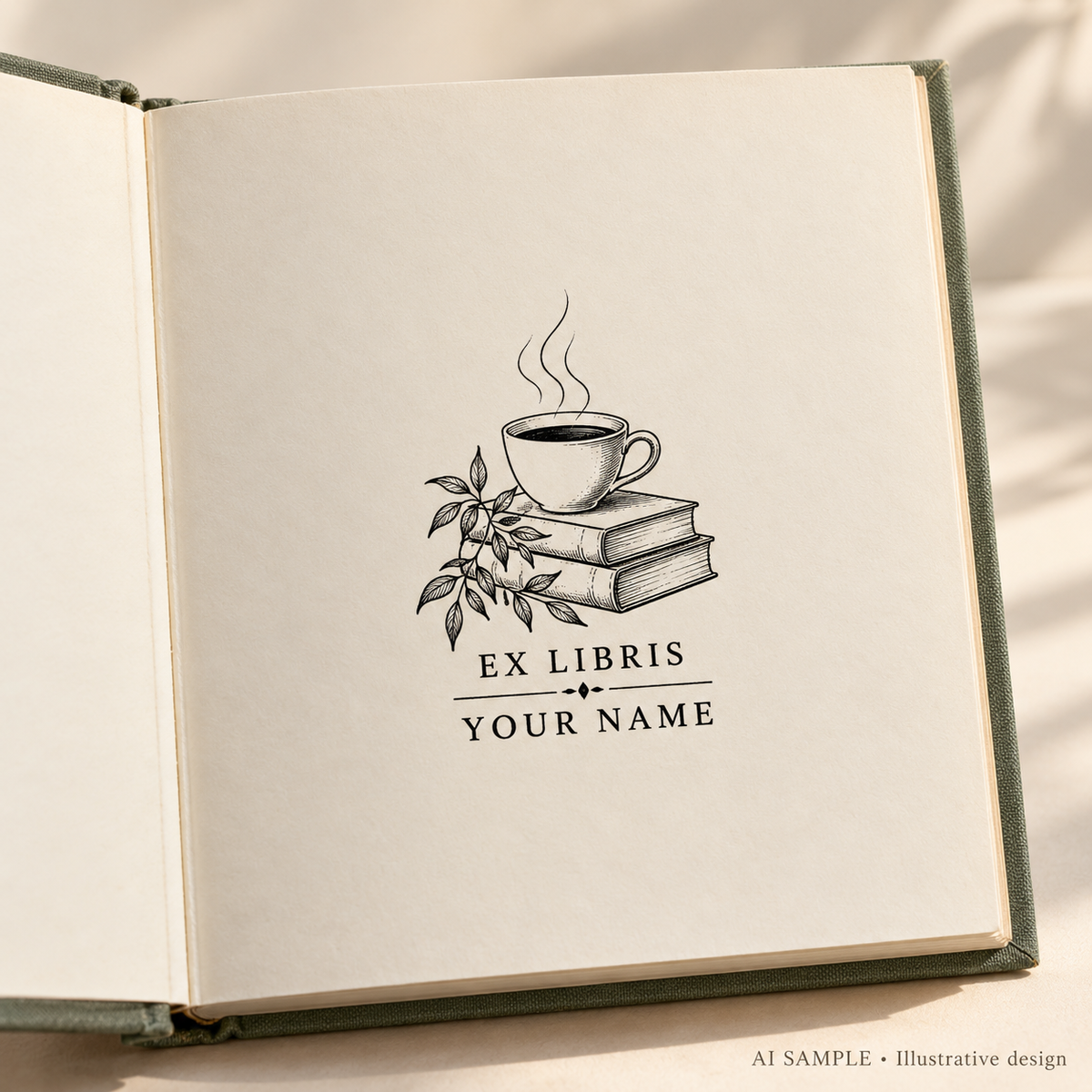 AI SAMPLE: Original illustrative concept for Coffee Chapter Book Stamp. Not an actual product photograph. Design, proportions and colors require merchant approval. Shown surface demonstrates the imprint and is not included.