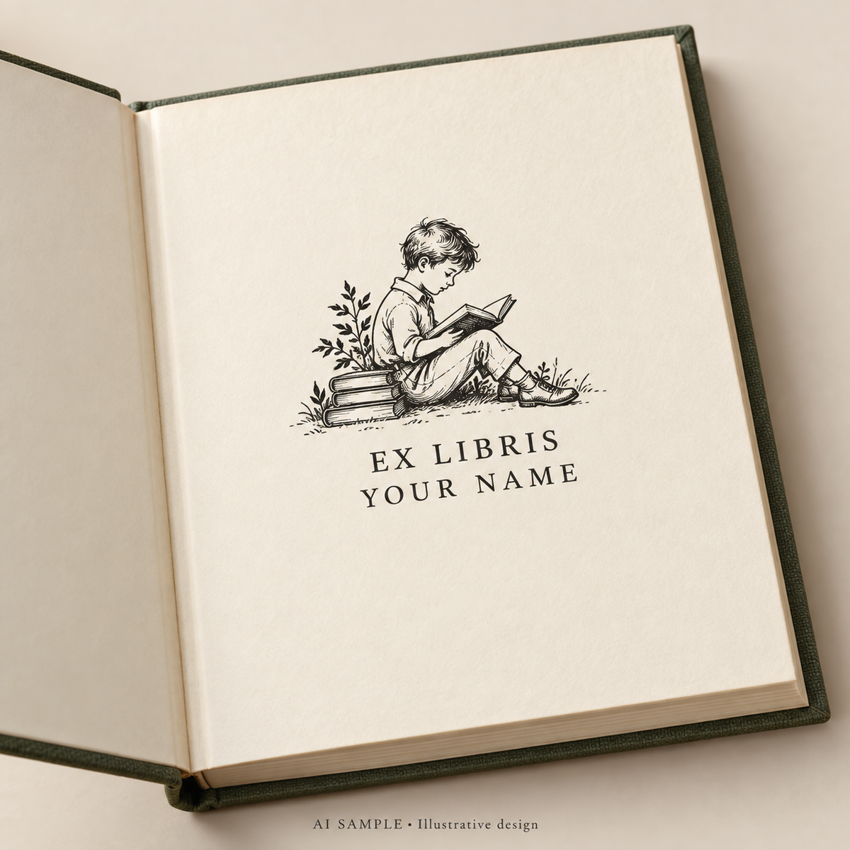 AI SAMPLE: Original illustrative concept for Young Reader Book Stamp. Not an actual product photograph. Design, proportions and colors require merchant approval. Shown surface demonstrates the imprint and is not included.