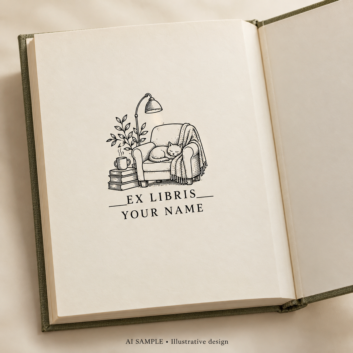 AI SAMPLE: Original illustrative concept for Quiet Reading Corner Book Stamp. Not an actual product photograph. Design, proportions and colors require merchant approval. Shown surface demonstrates the imprint and is not included.