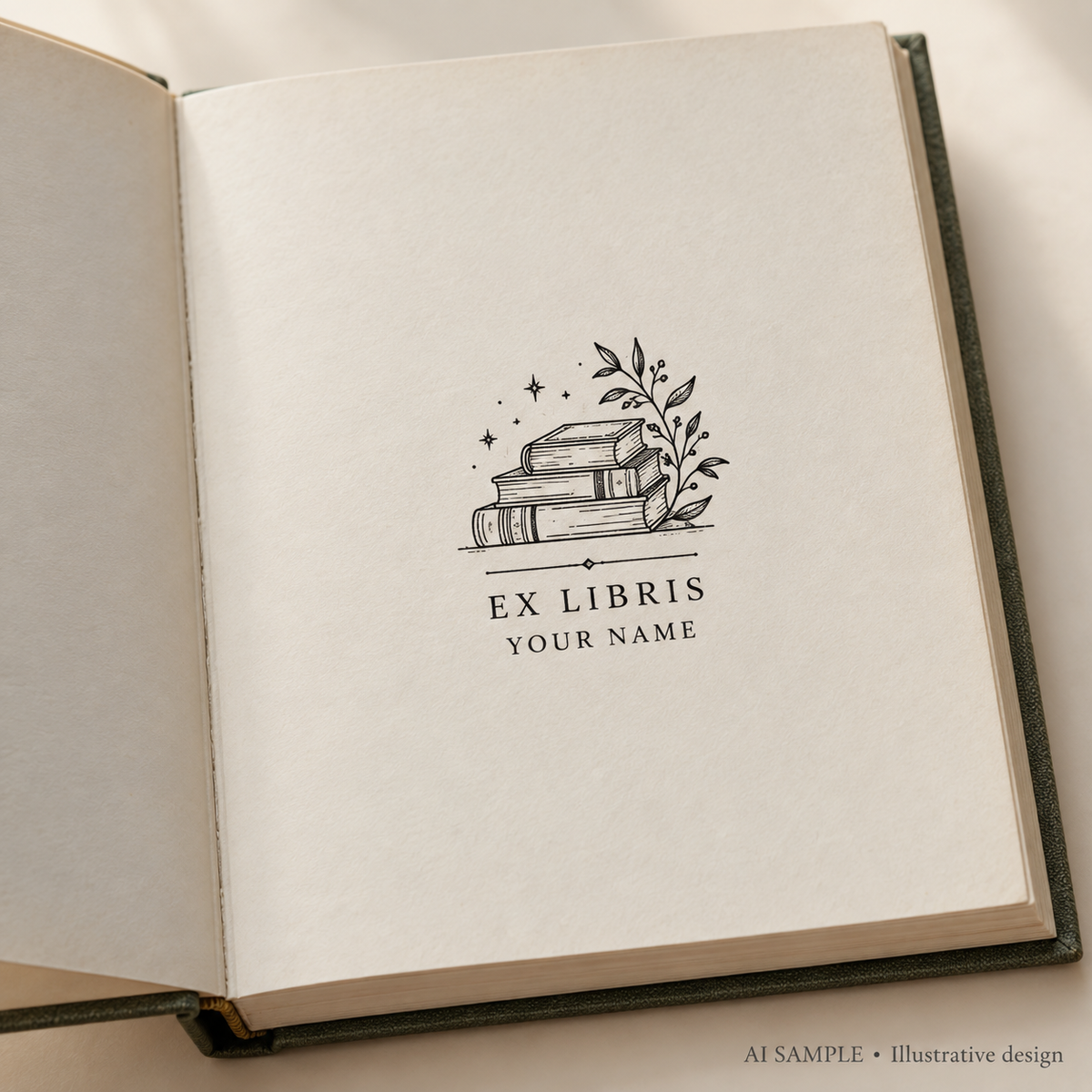 AI SAMPLE: Original illustrative concept for Reader's Collection Book Stamp. Not an actual product photograph. Design, proportions and colors require merchant approval. Shown surface demonstrates the imprint and is not included.