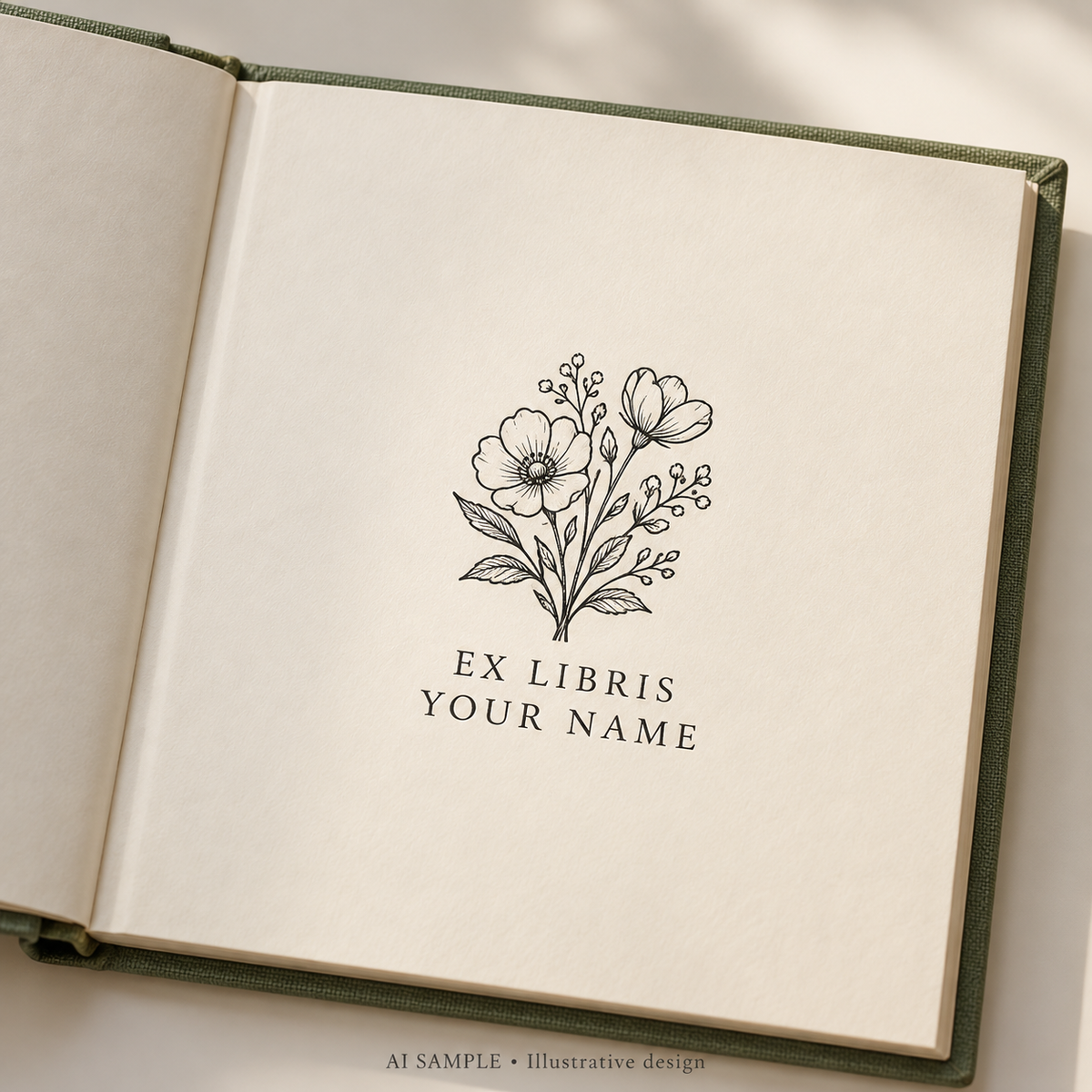 AI SAMPLE: Original illustrative concept for Blossom Library Book Stamp. Not an actual product photograph. Design, proportions and colors require merchant approval. Shown surface demonstrates the imprint and is not included.