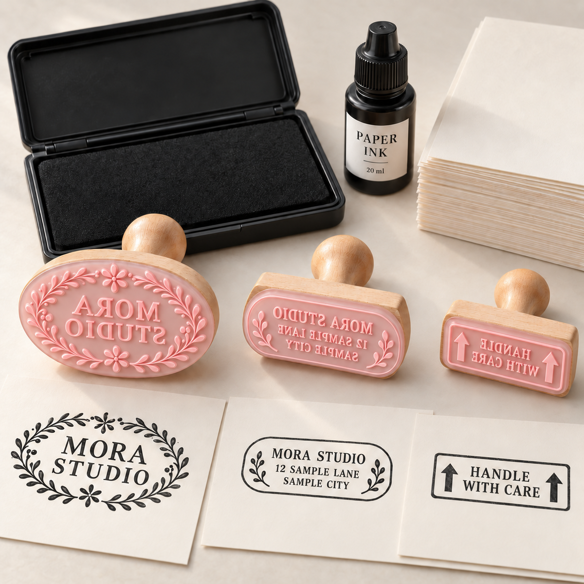 AI concept of Dispatch Desk: three wood-mounted pink relief stamps for logo, sample return address and handle-with-care; black pad, 20 ml refill and practice sheets. Fictional MORA STUDIO sample address. Representative quantities shown; proposed kit has 20 practice sheets.