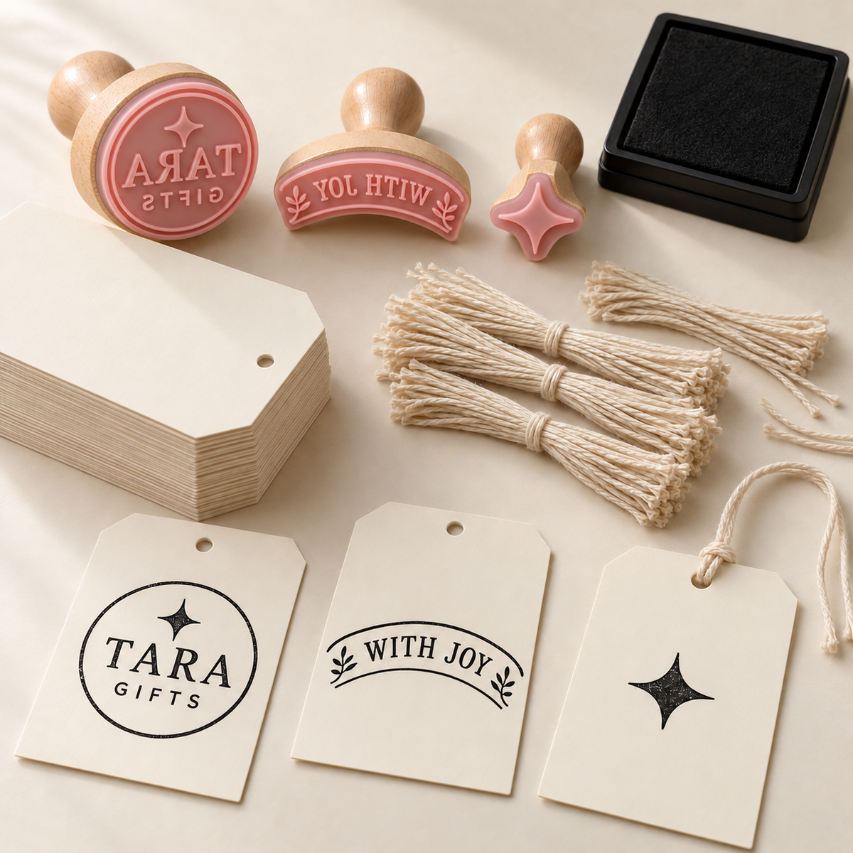 AI concept of Festive Hamper: logo, greeting and star-motif wood-mounted pink stamps, black pad, tags and cotton strings. Fictional TARA GIFTS design with black prints. Representative quantities shown; proposed kit has 100 tags and 100 precut strings.