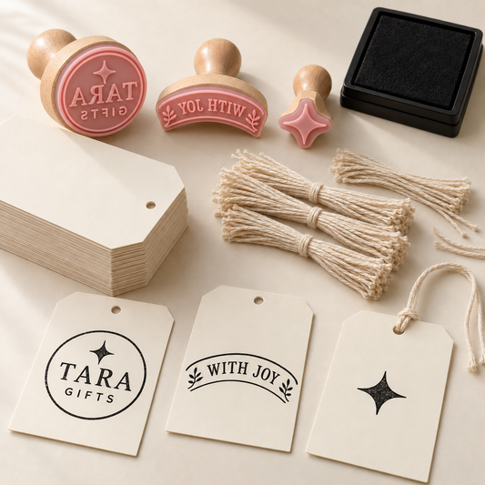 AI concept of Festive Hamper: logo, greeting and star-motif wood-mounted pink stamps, black pad, tags and cotton strings. Fictional TARA GIFTS design with black prints. Representative quantities shown; proposed kit has 100 tags and 100 precut strings.