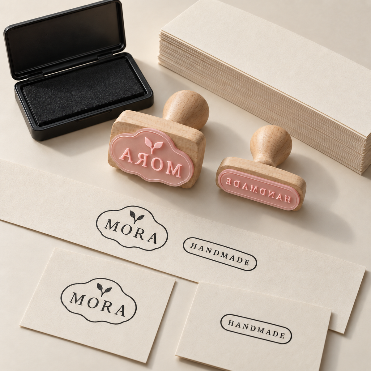 AI concept of Handmade Paper Band: two wood-mounted pink contour-cut stamps, black pad, uncoated bands and cards with fictional MORA and Handmade prints. Representative quantities shown; proposed kit has 50 bands and 50 cards. Paper-only use.