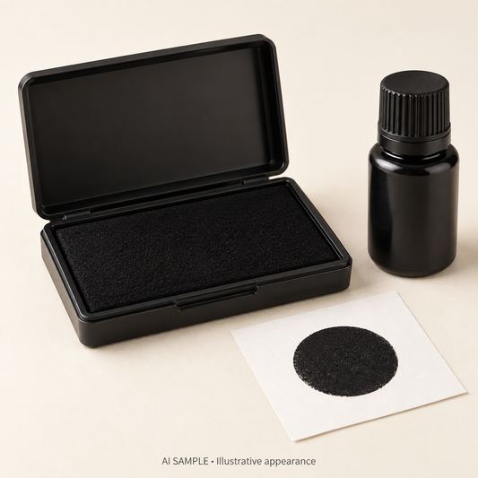 AI SAMPLE: Generic illustrative concept of a black ink pad and refill bottle. Not an actual product photograph or Ranger packaging.