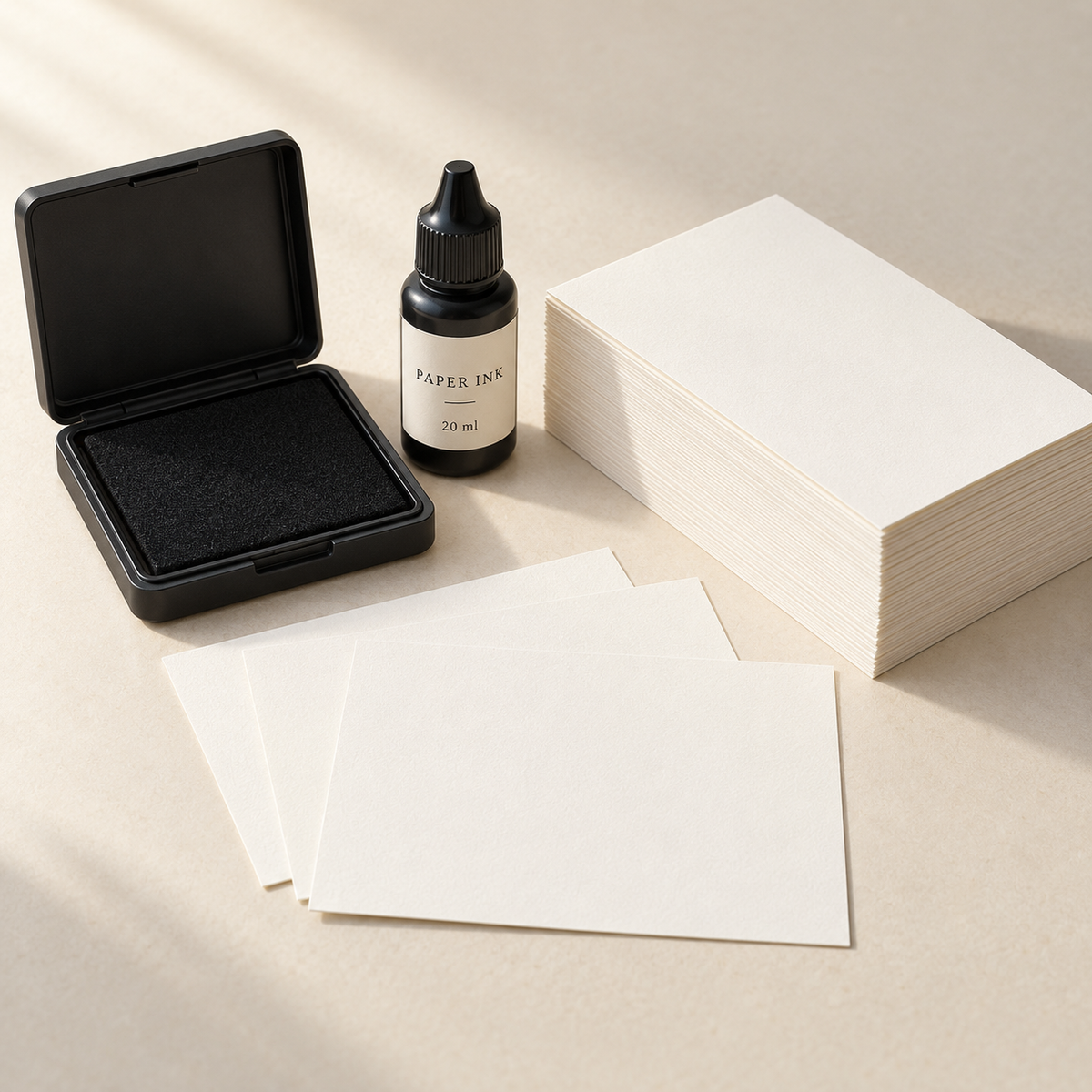 AI concept of Packaging Restock: black paper-ink pad, matching 20 ml refill, and representative stack of blank uncoated cards. No stamp included. Proposed quantity is 50 cards.
