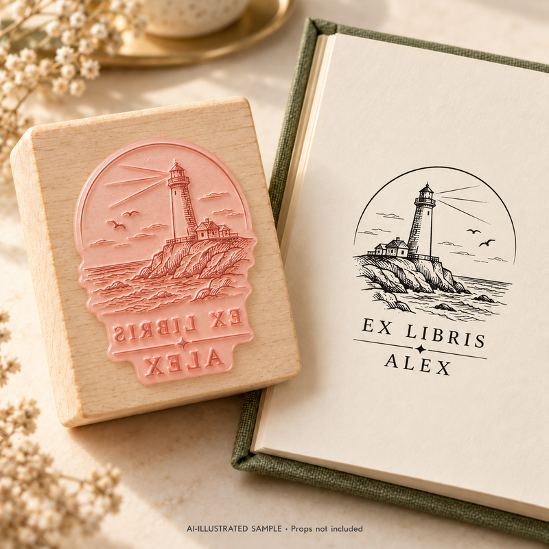 AI-illustrated sample of Beacon Library Book Stamp: a book-stamp assembly and matching impression on a book page. Not an actual supplied-product photograph. Props are not included.