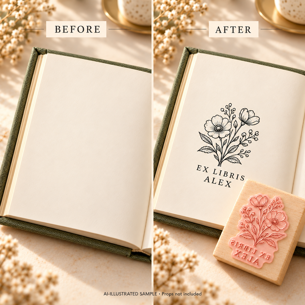 AI-illustrated before-and-after sample of Blossom Library Book Stamp: blank and stamped book pages. Not an actual supplied-product photograph.