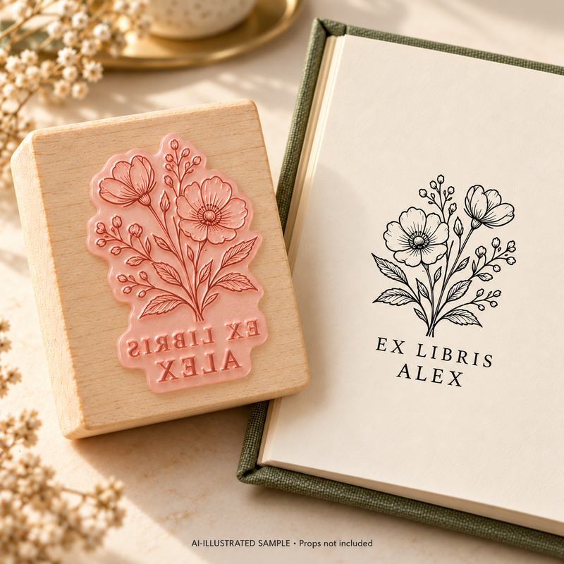 AI-illustrated sample of Blossom Library Book Stamp: a book-stamp assembly and matching impression on a book page. Not an actual supplied-product photograph. Props are not included.