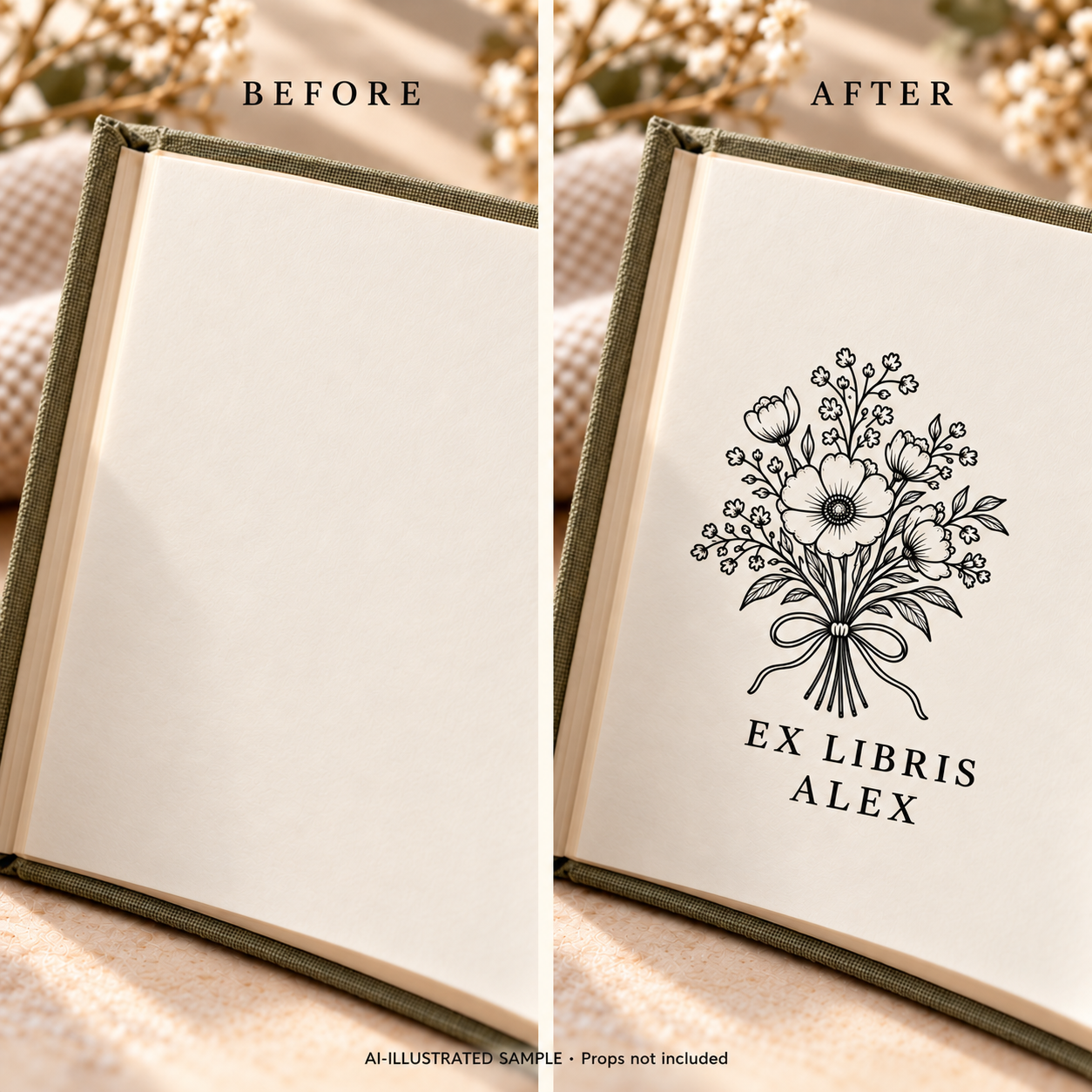 AI-illustrated before-and-after sample of Bookish Bouquet Book Stamp: blank and stamped book pages. Not an actual supplied-product photograph.