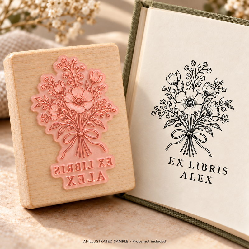 AI-illustrated sample of Bookish Bouquet Book Stamp: a book-stamp assembly and matching impression on a book page. Not an actual supplied-product photograph. Props are not included.