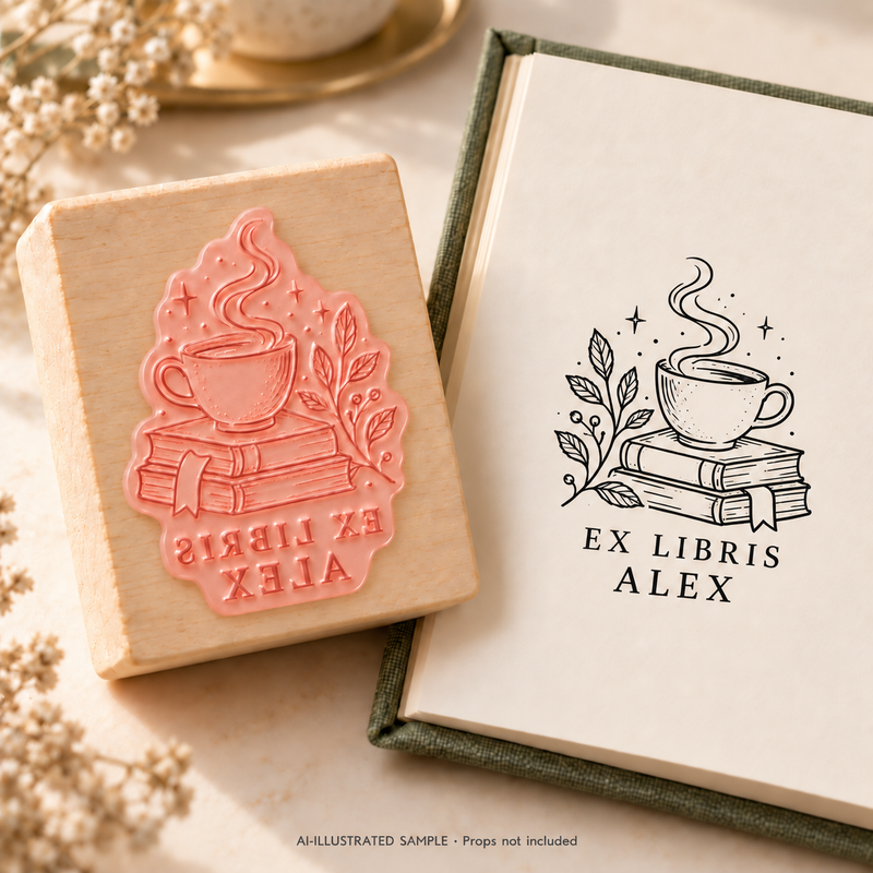 AI-illustrated sample of Books and Brews Book Stamp: a book-stamp assembly and matching impression on a book page. Not an actual supplied-product photograph. Props are not included.