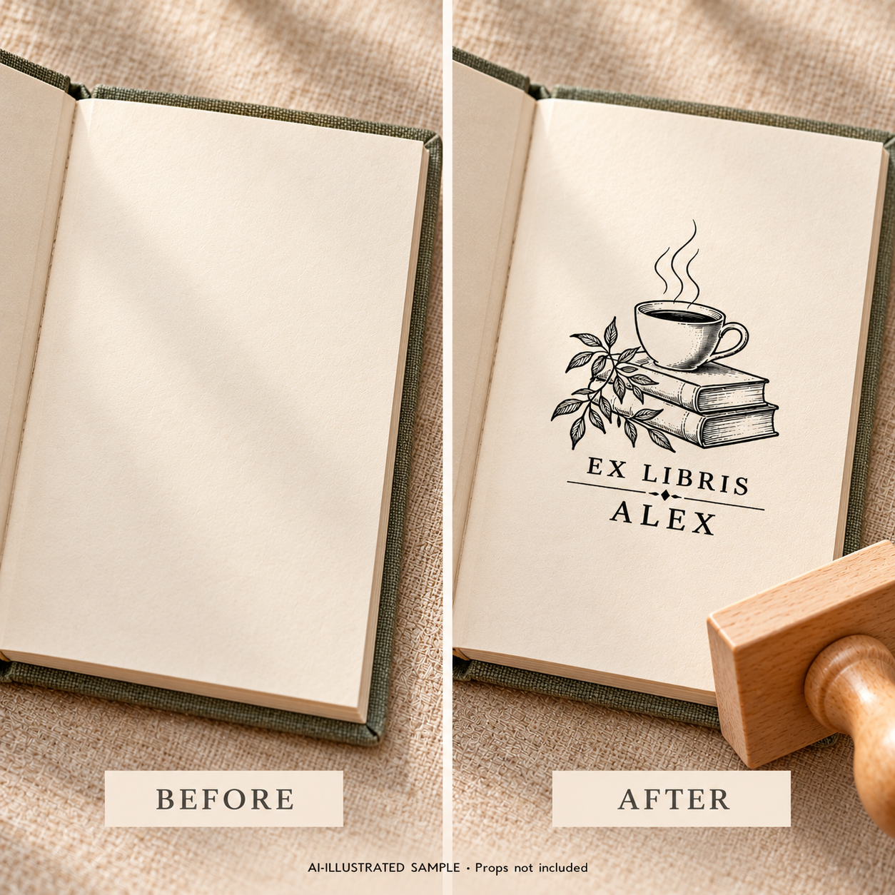 AI-illustrated before-and-after sample of Coffee Chapter Book Stamp: blank and stamped book pages. Not an actual supplied-product photograph.