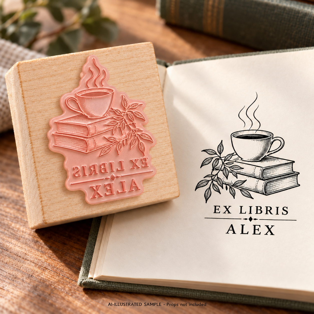 AI-illustrated sample of Coffee Chapter Book Stamp: a book-stamp assembly and matching impression on a book page. Not an actual supplied-product photograph. Props are not included.